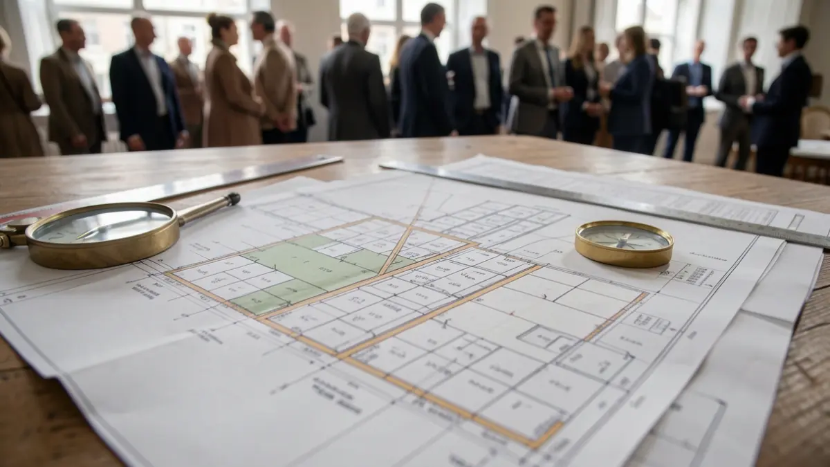 Imagem genérica de um plano de pormenor urbano com linhas de zoneamento e instrumentos de medição.