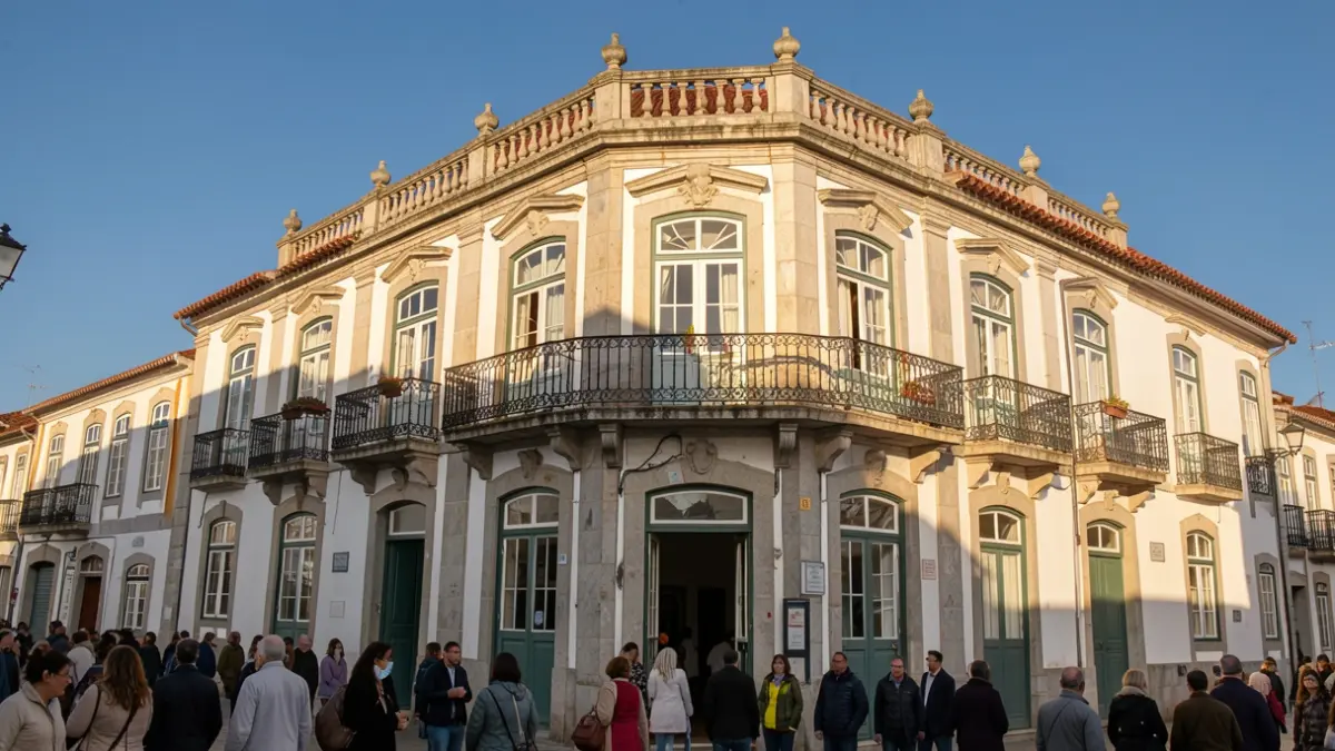 Imagen genérica de un Ayuntamiento portugués con balcones ornamentados y detalles de piedra, cálida luz solar de la tarde proyectando sombras, cielo azul.