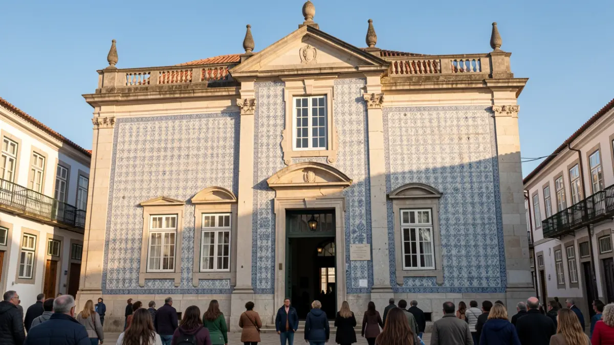 Imagem genérica de uma fachada de edifício municipal com azulejos portugueses e elementos em pedra, sob luz solar de fim de tarde.