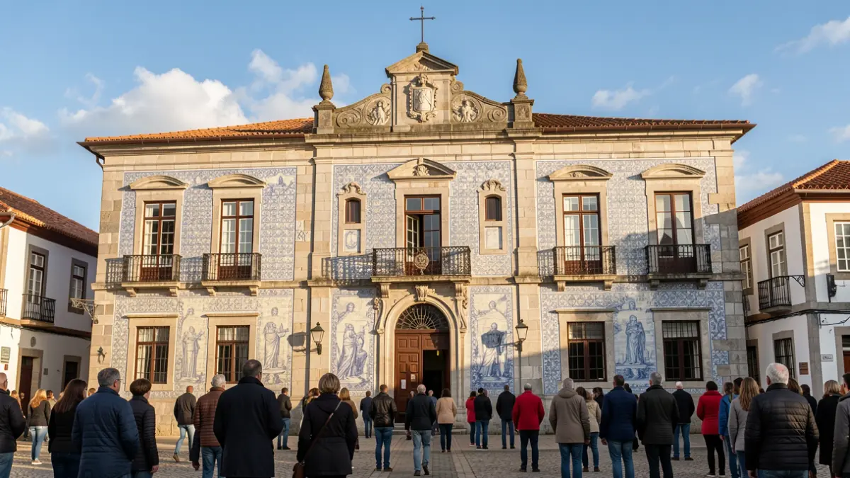 Fachada da Câmara Municipal de Miranda do Douro, um edifício tradicional português com detalhes em azulejo.