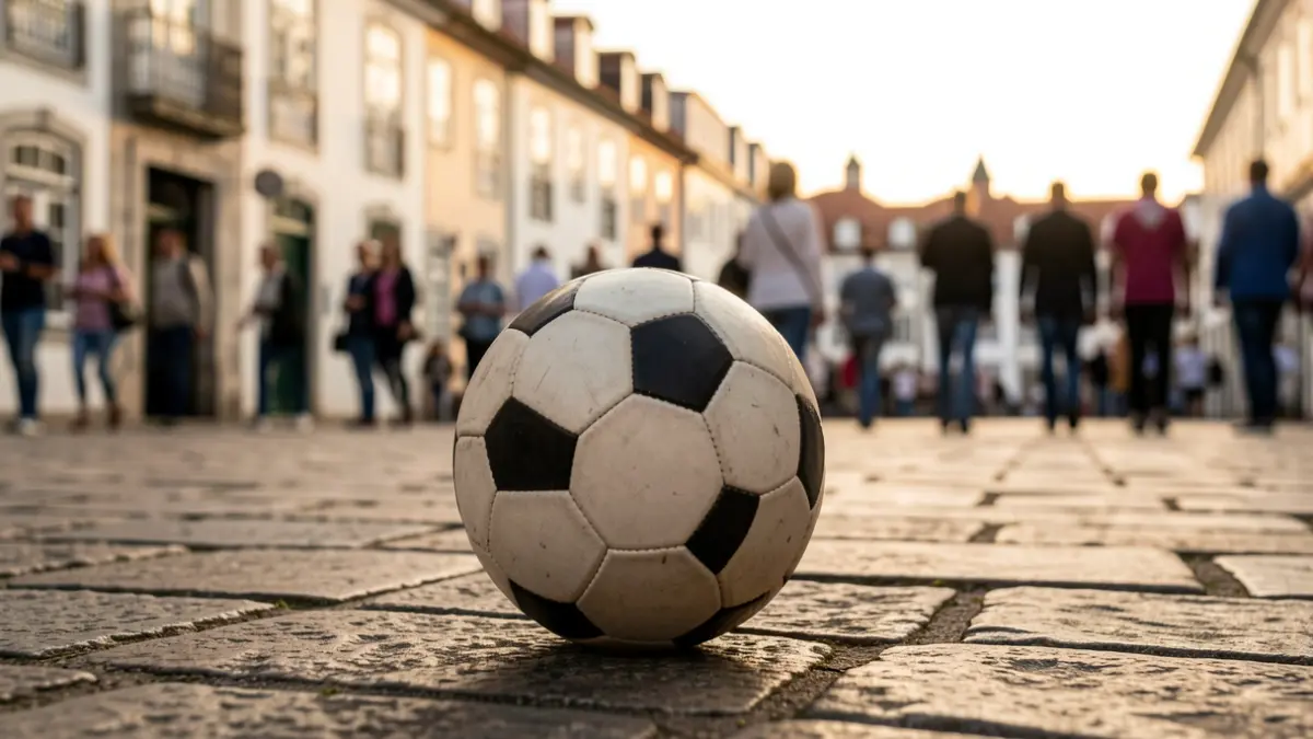 Imagem genérica de uma bola de futebol sobre pavimento de pedra com arquitetura tradicional portuguesa desfocada ao fundo.