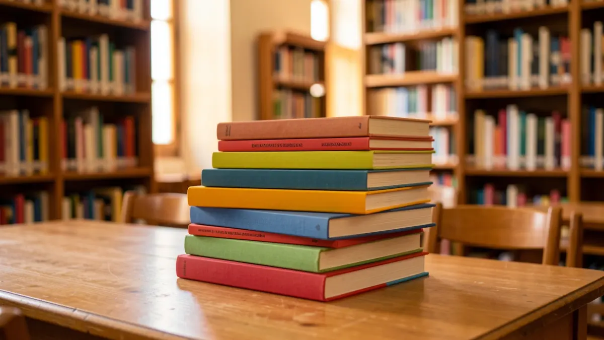 Imagem genérica de uma pilha de livros sobre uma secretária, com o interior de uma biblioteca escolar portuguesa desfocado ao fundo.