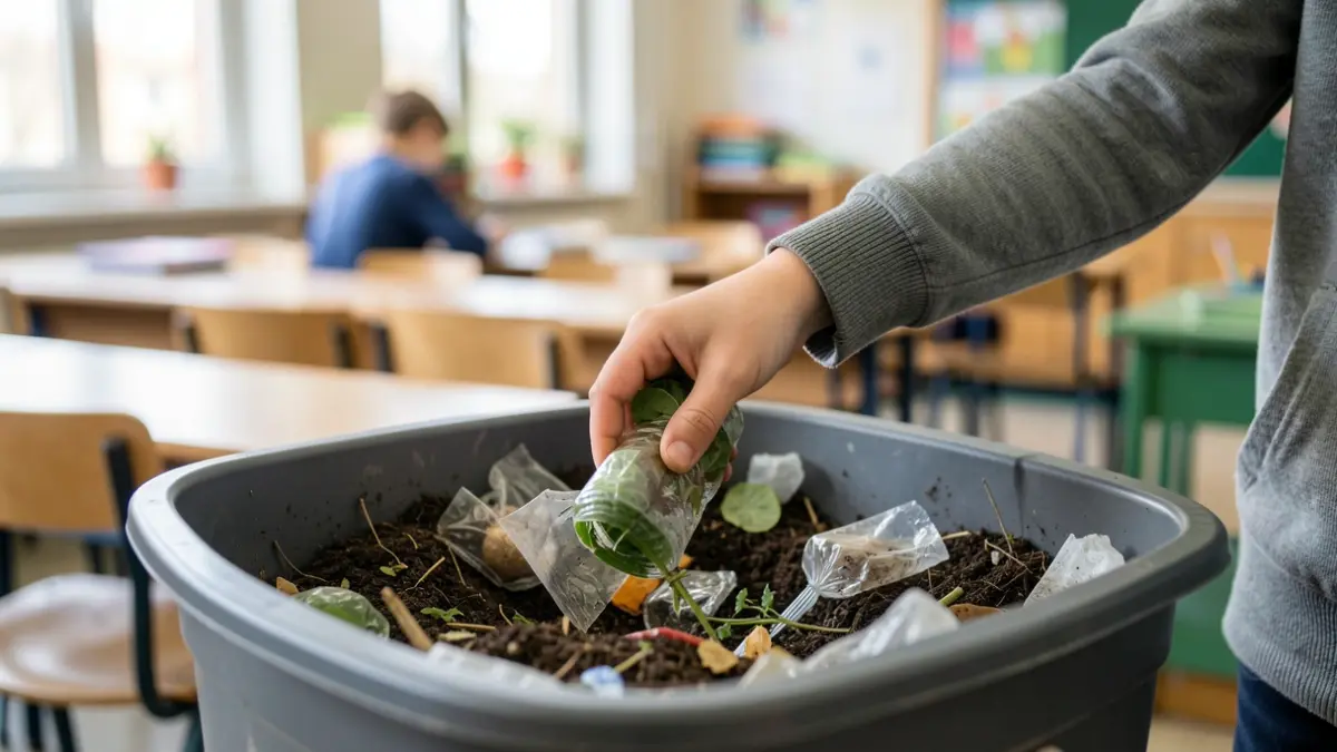 Generic image of a child's hand placing organic waste into a compost bin, with a blurred background of a school classroom.