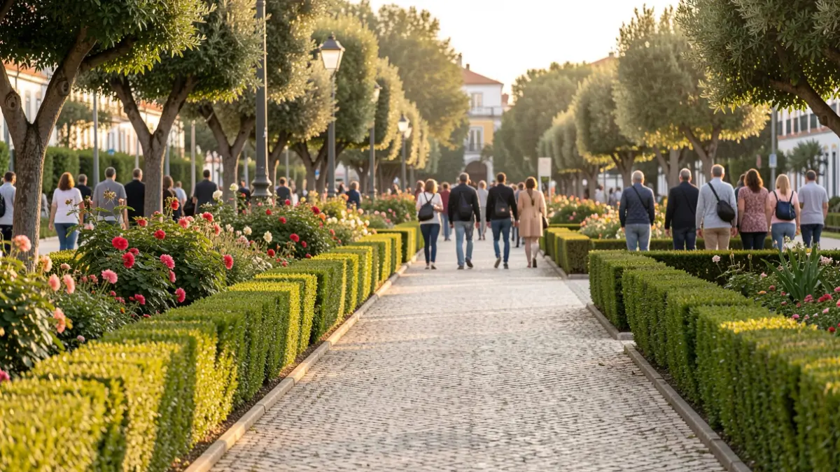Imagen genérica de un camino de jardín público bien cuidado en Portugal, con setos recortados y plantas floridas, bajo luz solar suave de la tarde.