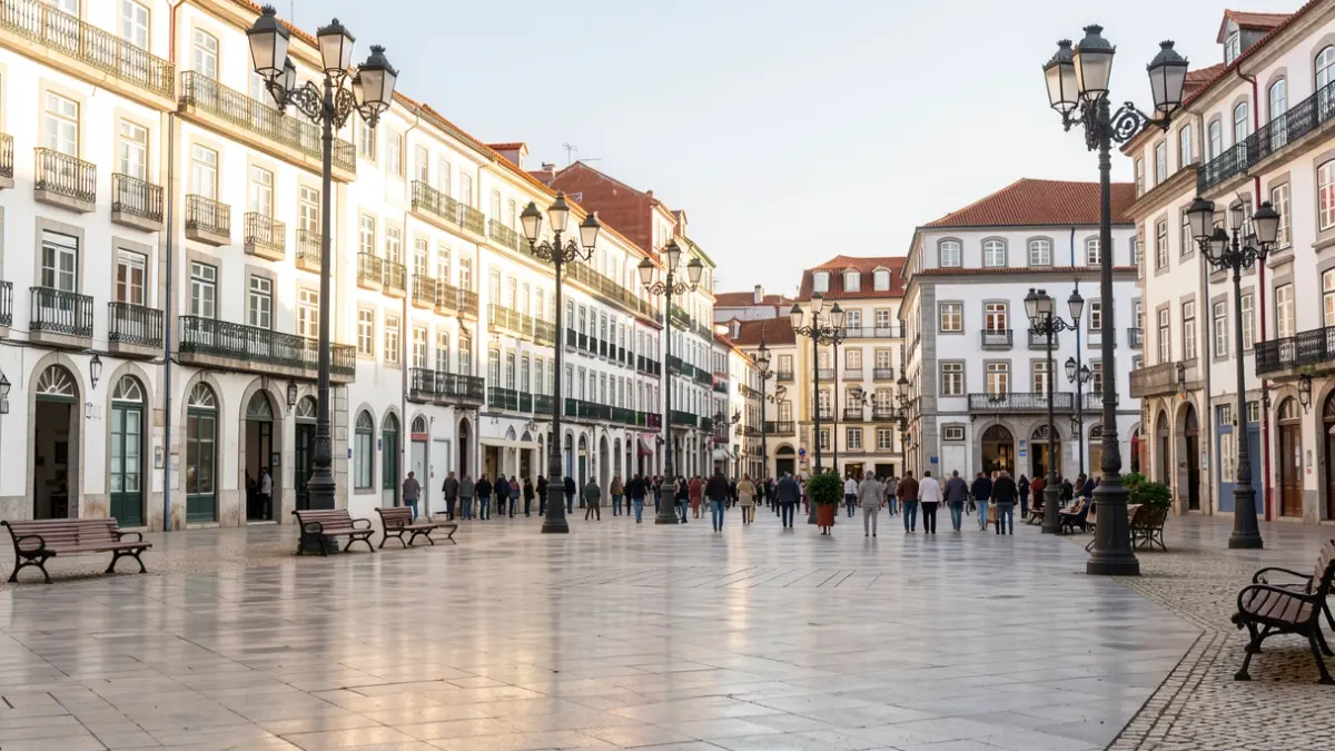 Imagem genérica de uma praça pública portuguesa limpa e bem cuidada, com iluminação e mobiliário urbano.