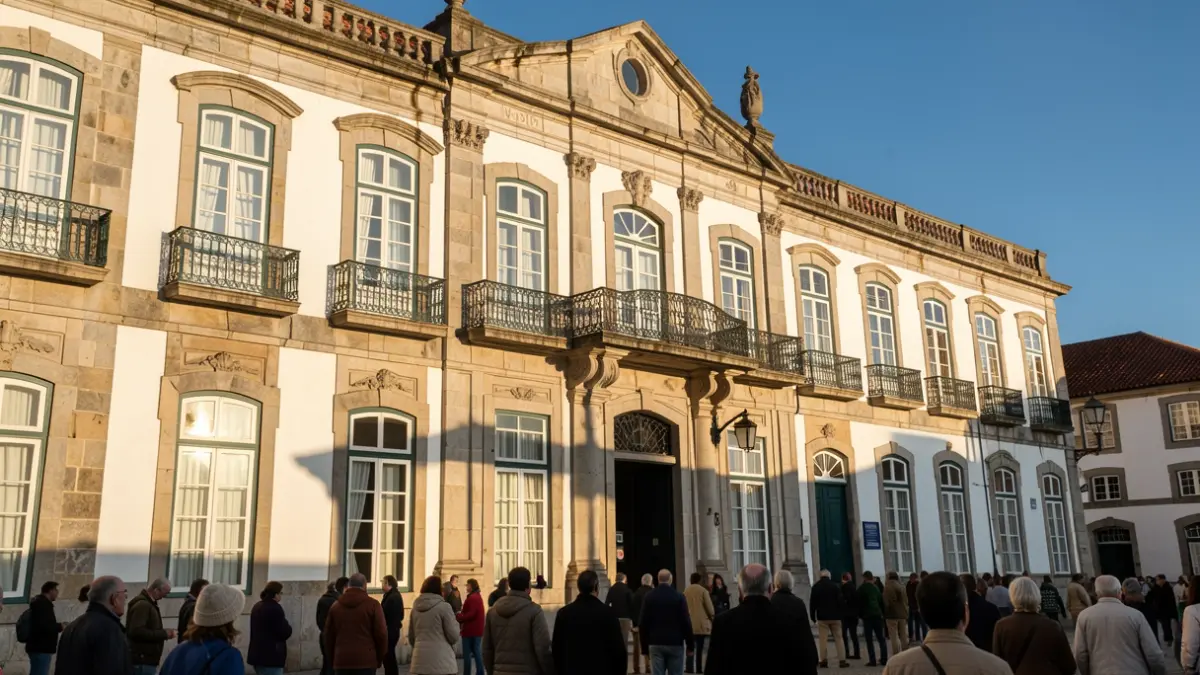 Generic image of the facade of a Portuguese municipal building with stone details and ornate balconies.