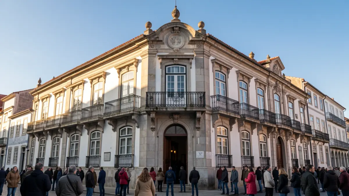 Fachada de um edifício municipal português com varandas ornamentadas e céu azul.