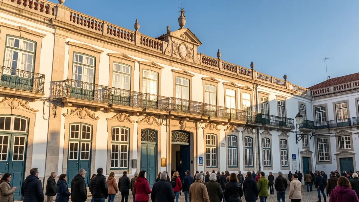 Fachada de um edifício municipal português com varandas ornamentadas e céu azul.