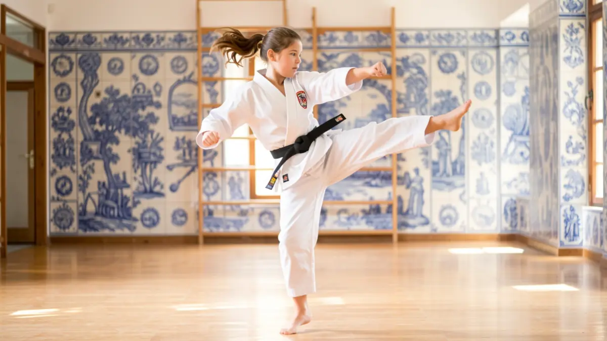 Female karate athlete in action, with Portuguese azulejo tiles in the background.