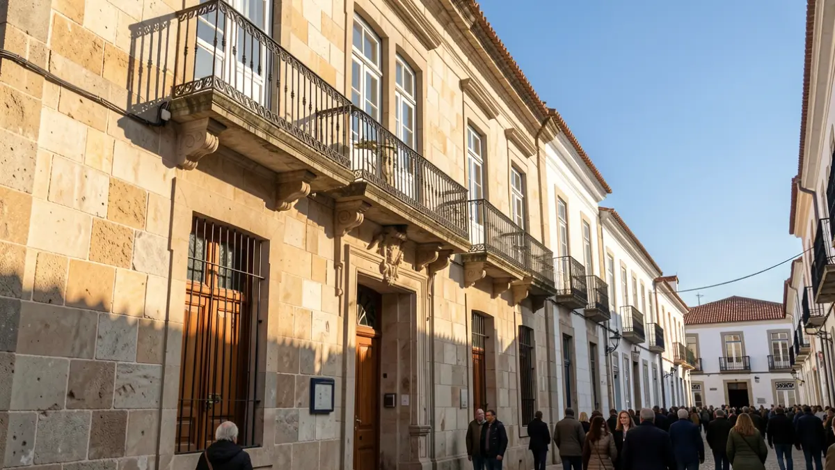 Imagen genérica de una fachada de Ayuntamiento de piedra con balcón ornamentado, a la luz del sol de la tarde.