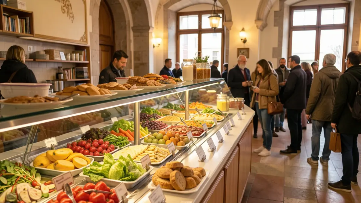 Generic image of a school cafeteria counter with healthy dishes and Portuguese architectural elements.