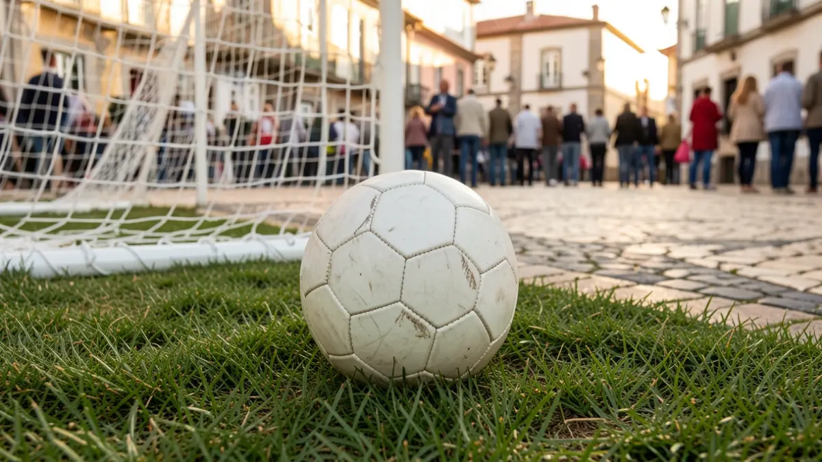Generic image of a soccer ball on grass, with the goal net blurred in the background and Portuguese architectural elements.