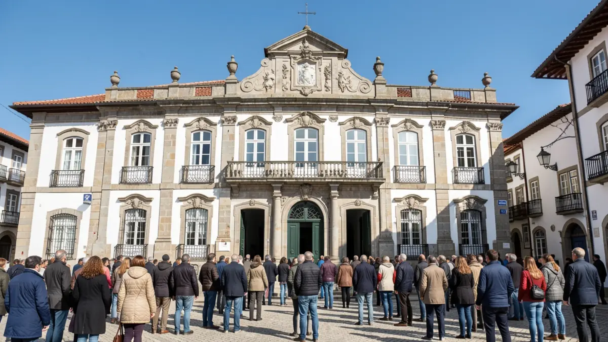 Fachada de um edifício municipal em Vizela, Portugal, com elementos arquitetónicos tradicionais.