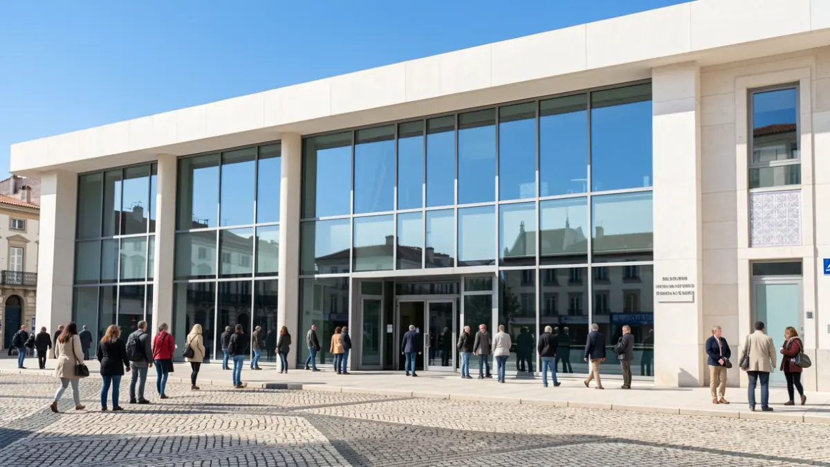 Generic image of a modern institutional building with subtle Portuguese architectural elements and a blue sky.
