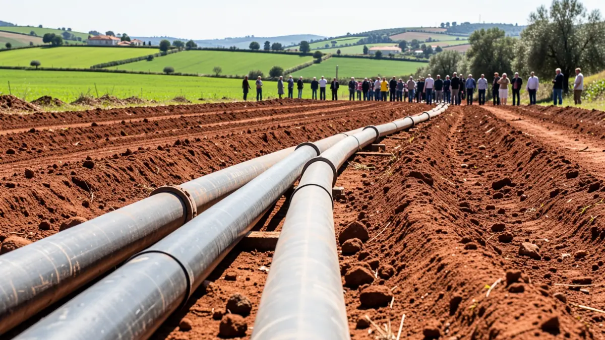 Generic image of irrigation pipes being installed in plowed soil, with green fields in the background.