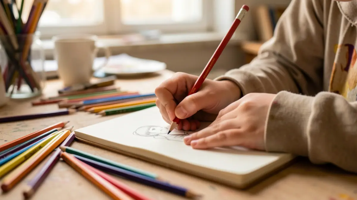 Imagem genérica de mãos de jovem artista a desenhar num bloco com lápis coloridos à volta, iluminação de estúdio suave.