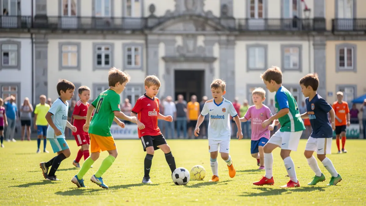 Imagem genérica de crianças a jogar futebol num campo desportivo, com um fundo desfocado de uma fachada de Câmara Municipal portuguesa.