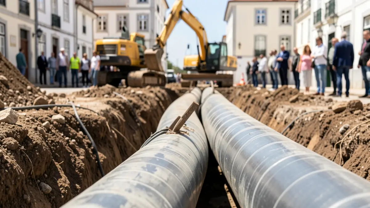 Generic image of water pipes being installed in public works, with construction equipment in the background.