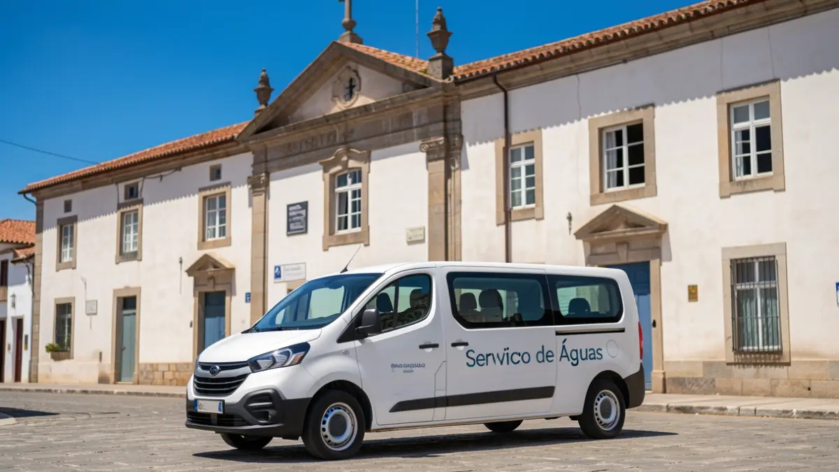 Imagem genérica de uma nova carrinha de serviços estacionada em frente a um edifício municipal português com arquitetura tradicional.