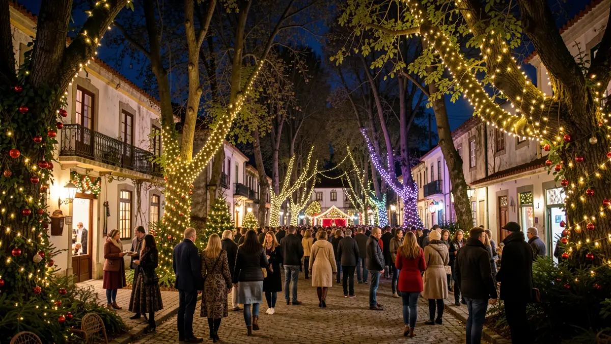 Imagem genérica de uma floresta encantada com luzes festivas e decorações de Natal, evocando um ambiente mágico.