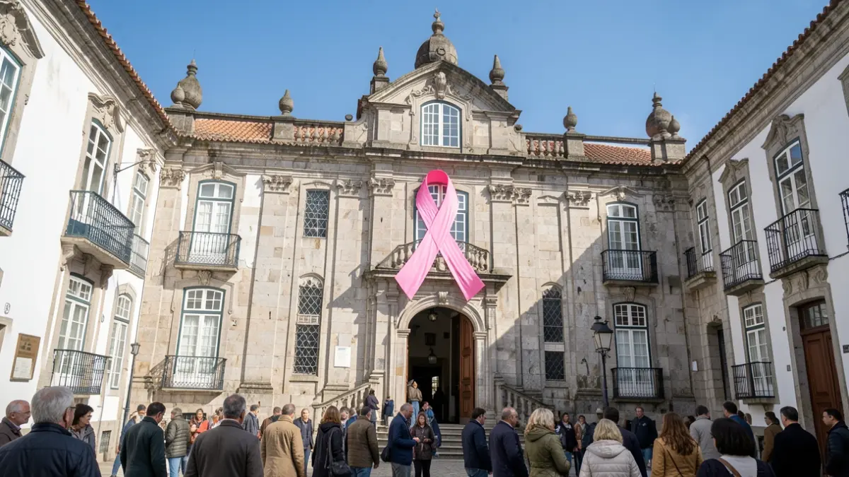 Imagem genérica de um laço rosa colocado na fachada de um edifício municipal português.