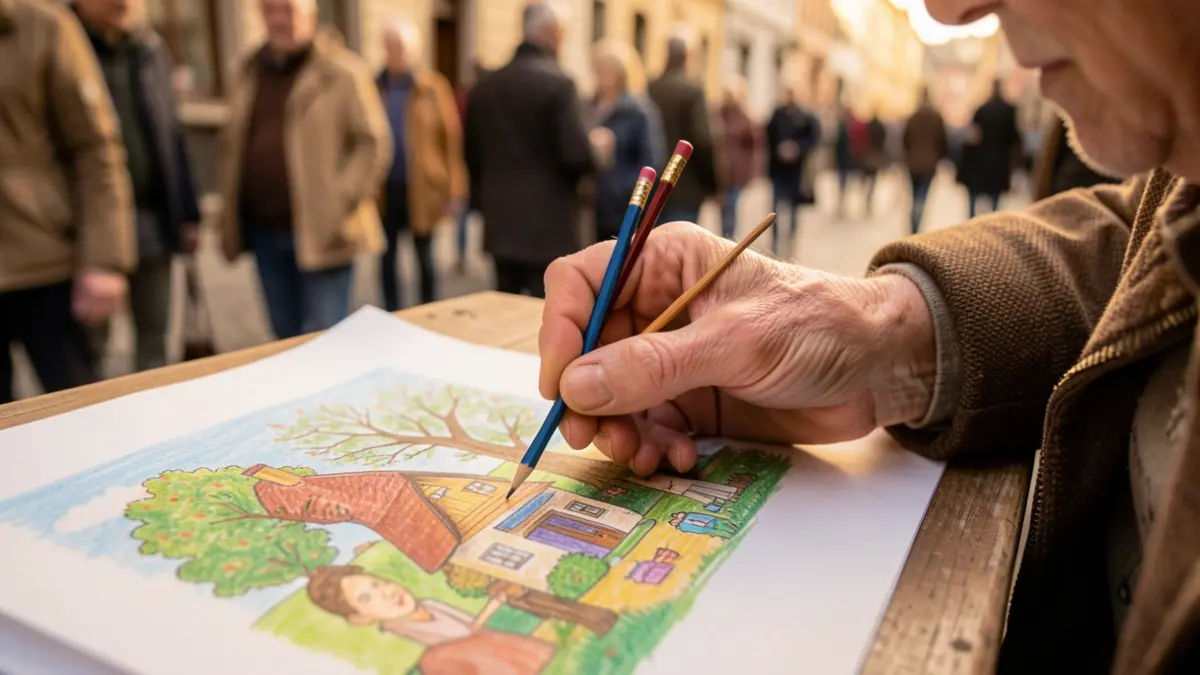 Hands of an elderly person drawing life memories with colored pencils, in focus.