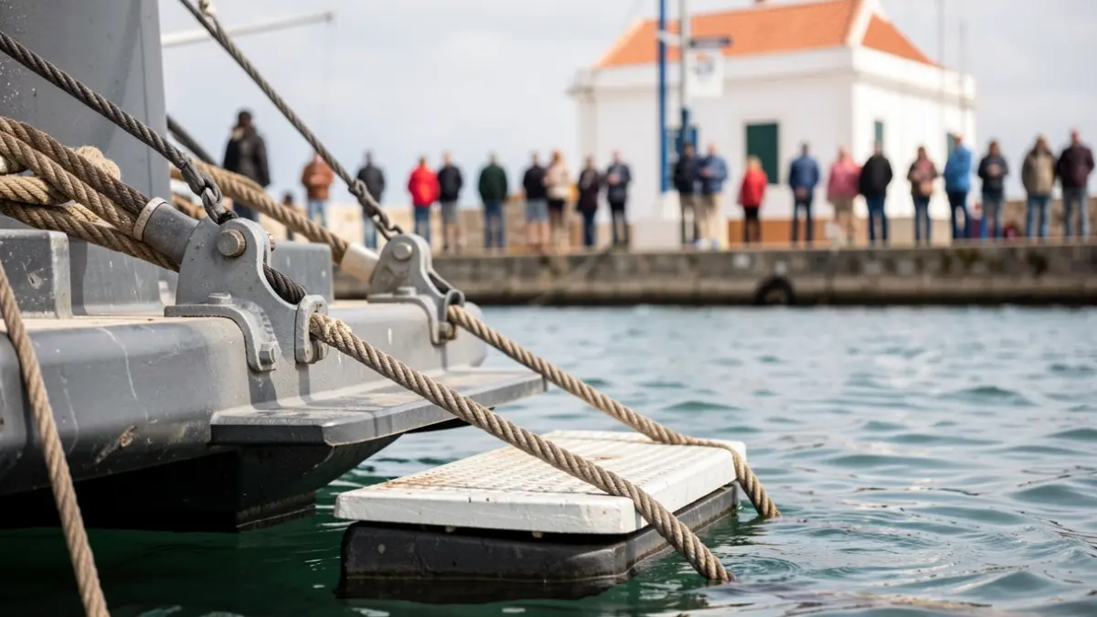 Detail of a reinforced anchoring system on a floating platform with a lowered step at the Caminha Nautical Post.