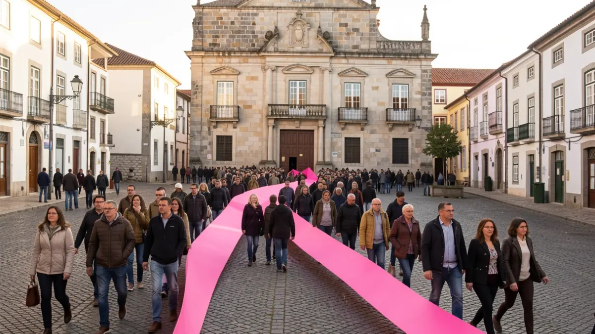 Imagem genérica de um laço gigante formado por pessoas a caminhar numa praça portuguesa.