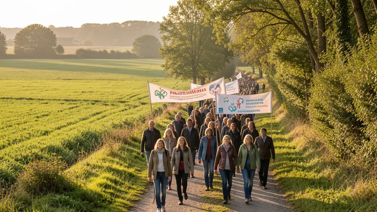 Imagem genérica de pessoas a caminhar num percurso rural com bandeiras de sensibilização.