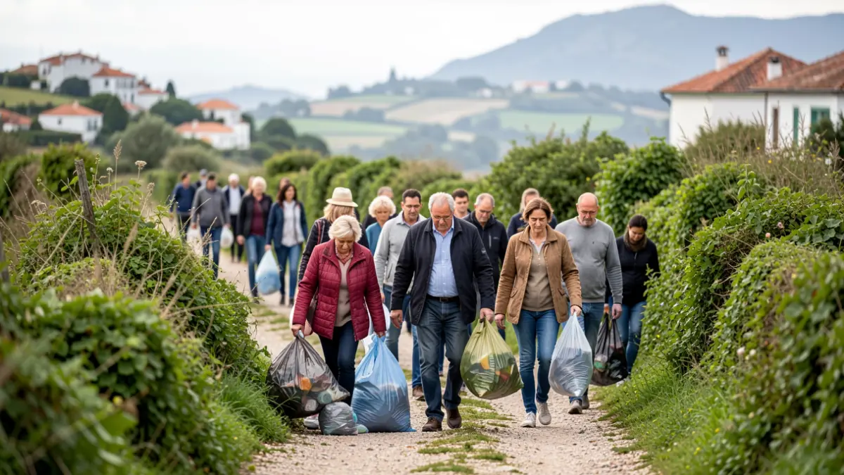 Imagen de voluntarios recogiendo basura en una caminata por la naturaleza en São Bartolomeu de Messines.