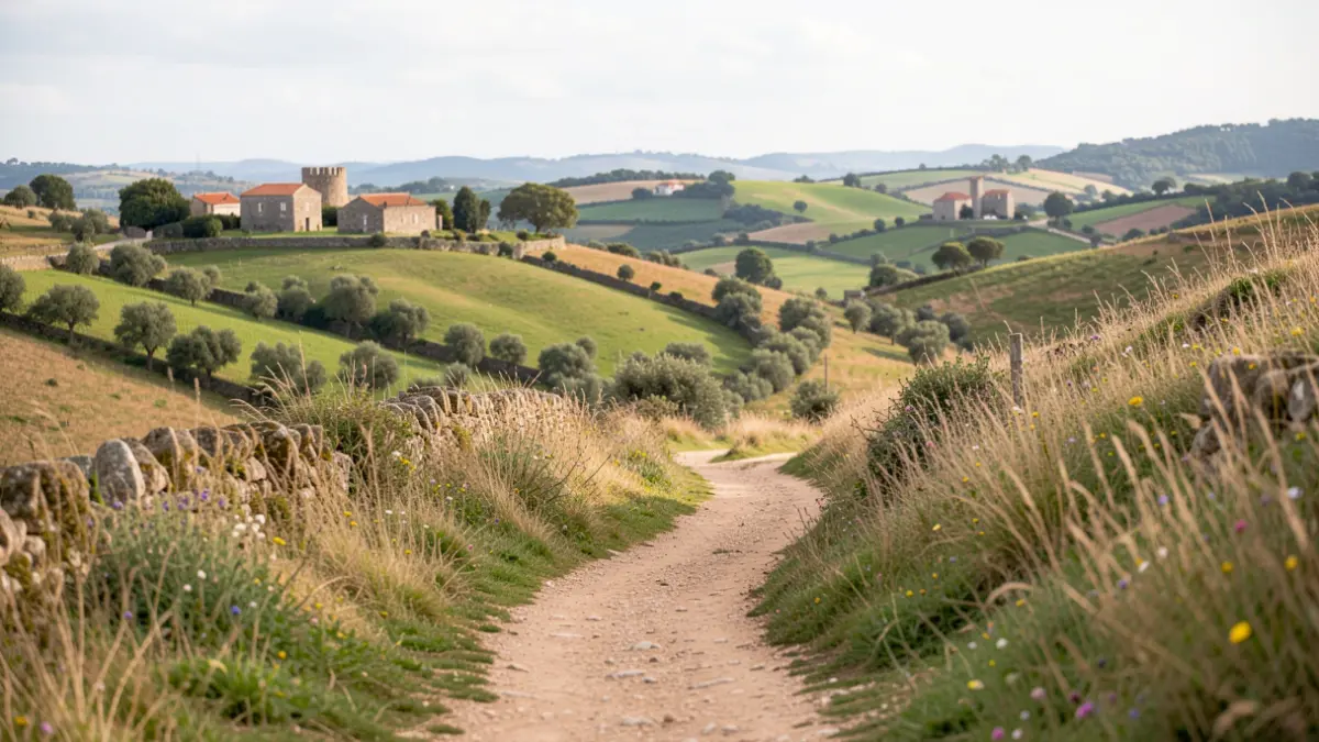 Rural path in Portuguese hilly landscape with traces of historical heritage.