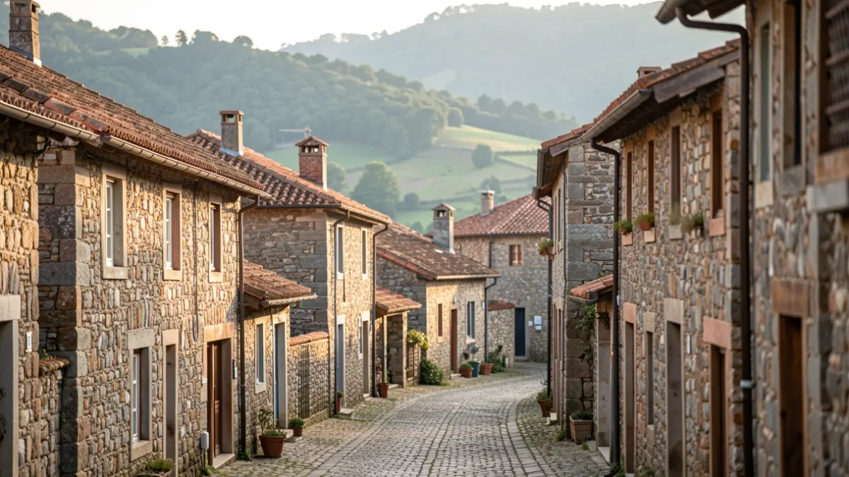 Imagen genérica de una aldea de montaña portuguesa con casas de piedra tradicionales y calles estrechas, a la luz de la mañana.