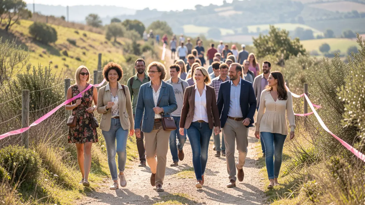Generic image of a group of people walking on a natural path in Portugal, with pink ribbons visible, during a sunny morning.