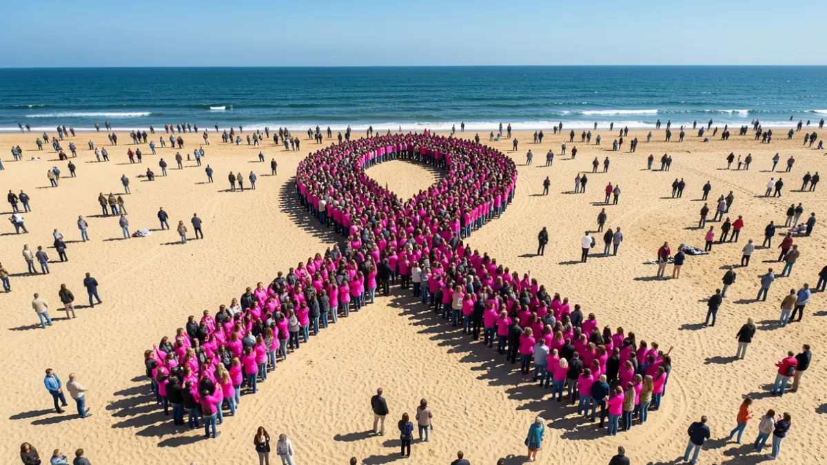 Imagem genérica de centenas de pessoas a formar um laço rosa humano numa praia, com o oceano ao fundo.