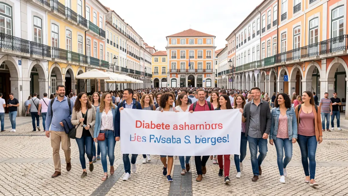 Generic image of a group of people walking in a public square in Portugal, with a health theme.