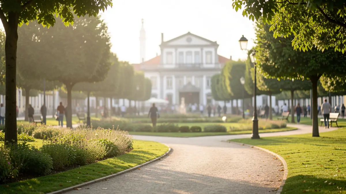 Generic image of an urban park with paths and green spaces at dawn, with the silhouette of a municipal building in the background.