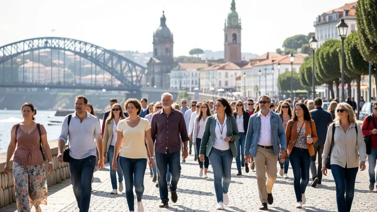 Image of participants in a solidarity walk in Porto, with iconic landmarks blurred in the background.