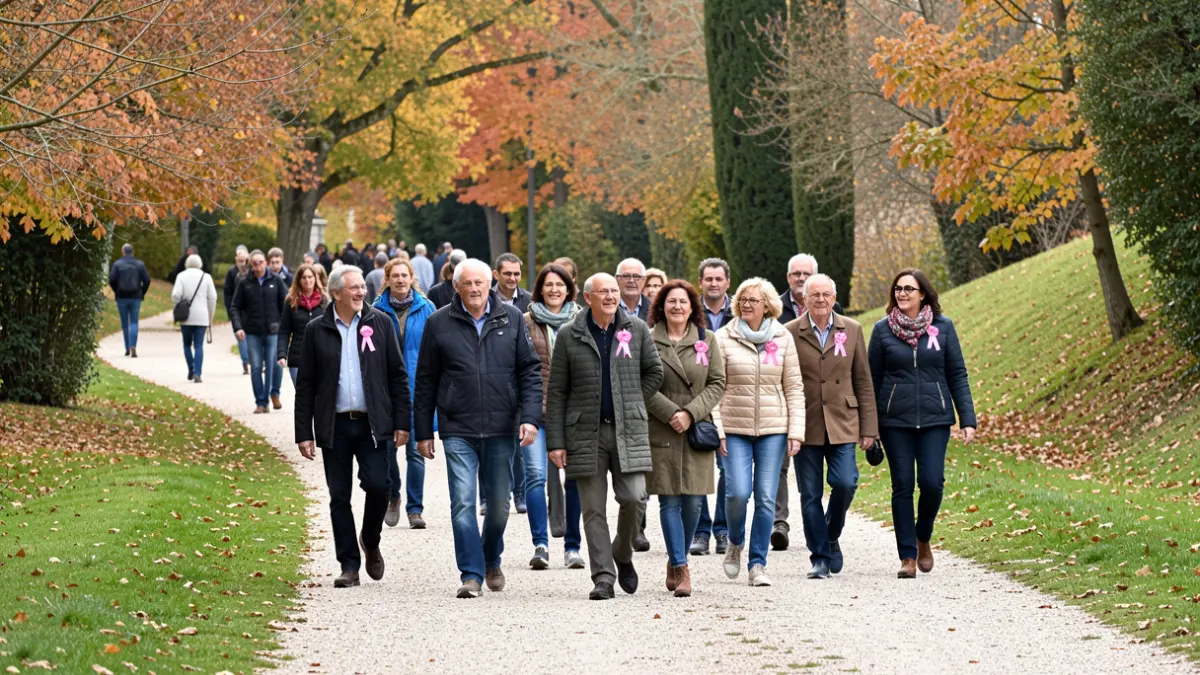Imagen de personas caminando en un parque en Portugal, con cintas rosas.