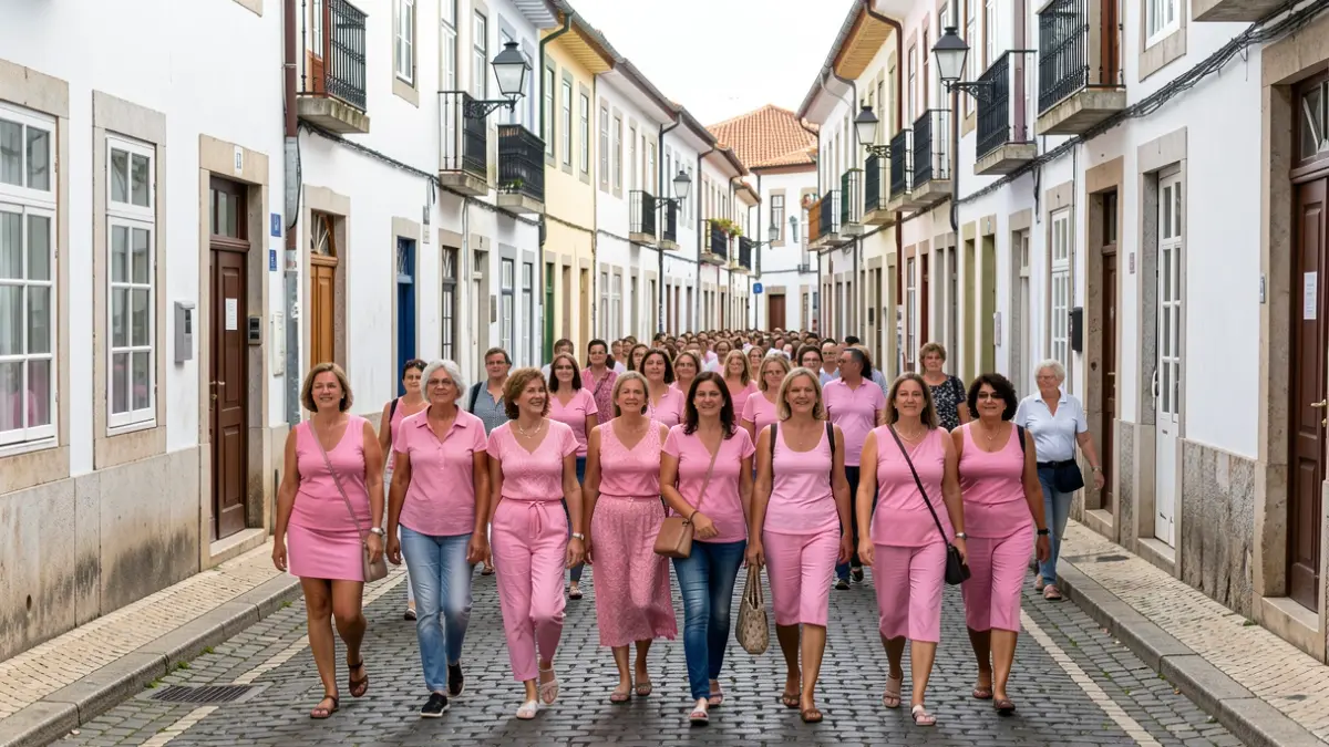 Imagem genérica de um grupo de pessoas a caminhar em solidariedade, vestidas de rosa, numa rua com arquitetura portuguesa.