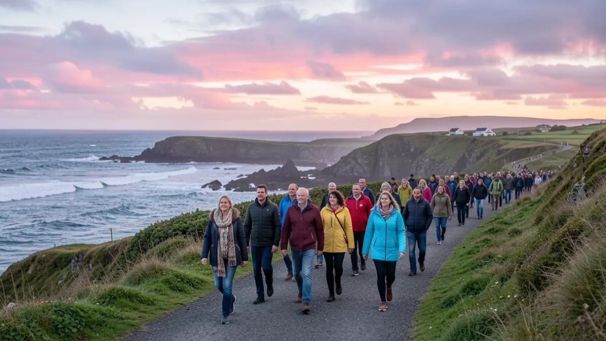 Image of a solidarity walk in Ribeira Grande, Azores, with participants walking at sunset.