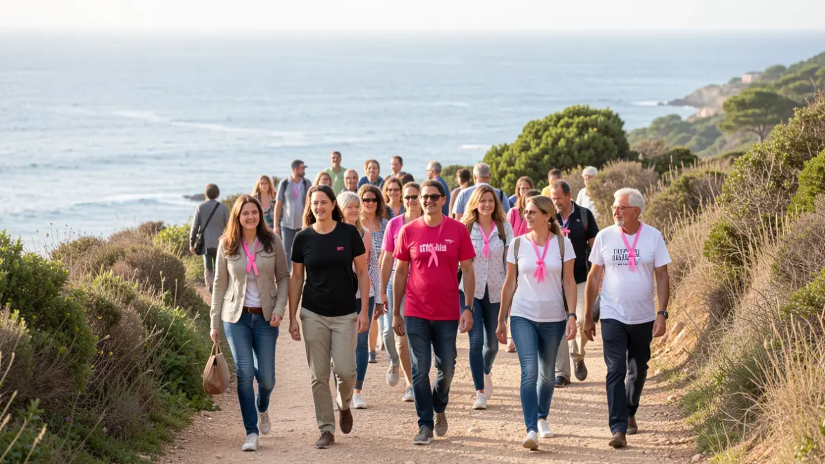Imagem genérica de um grupo de pessoas a caminhar numa paisagem costeira em Portugal, com o oceano ao fundo e elementos de solidariedade.