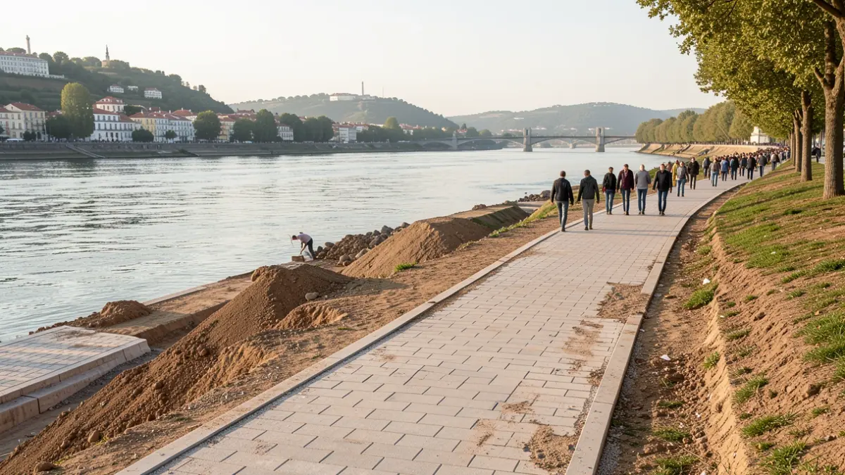 Imagen genérica de un camino peatonal ribereño en Portugal, con el río Tajo al fondo, mostrando signos de reparación y paisaje natural.