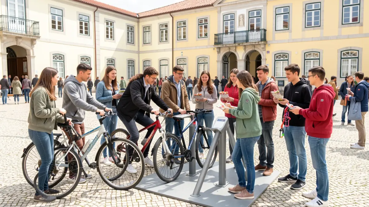 Imagem genérica de alunos a experimentar bicicletas partilhadas e a receber brindes numa ação de sensibilização para a mobilidade sustentável.