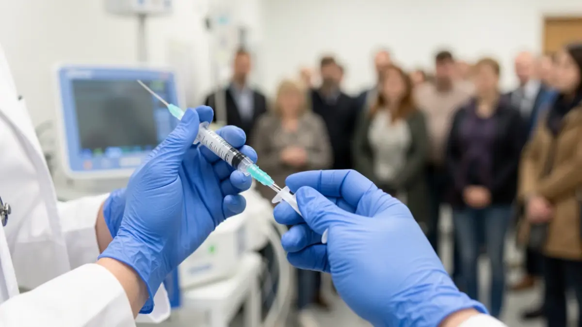 Imagen genérica de manos de profesional de la salud preparando una jeringa con vacuna.