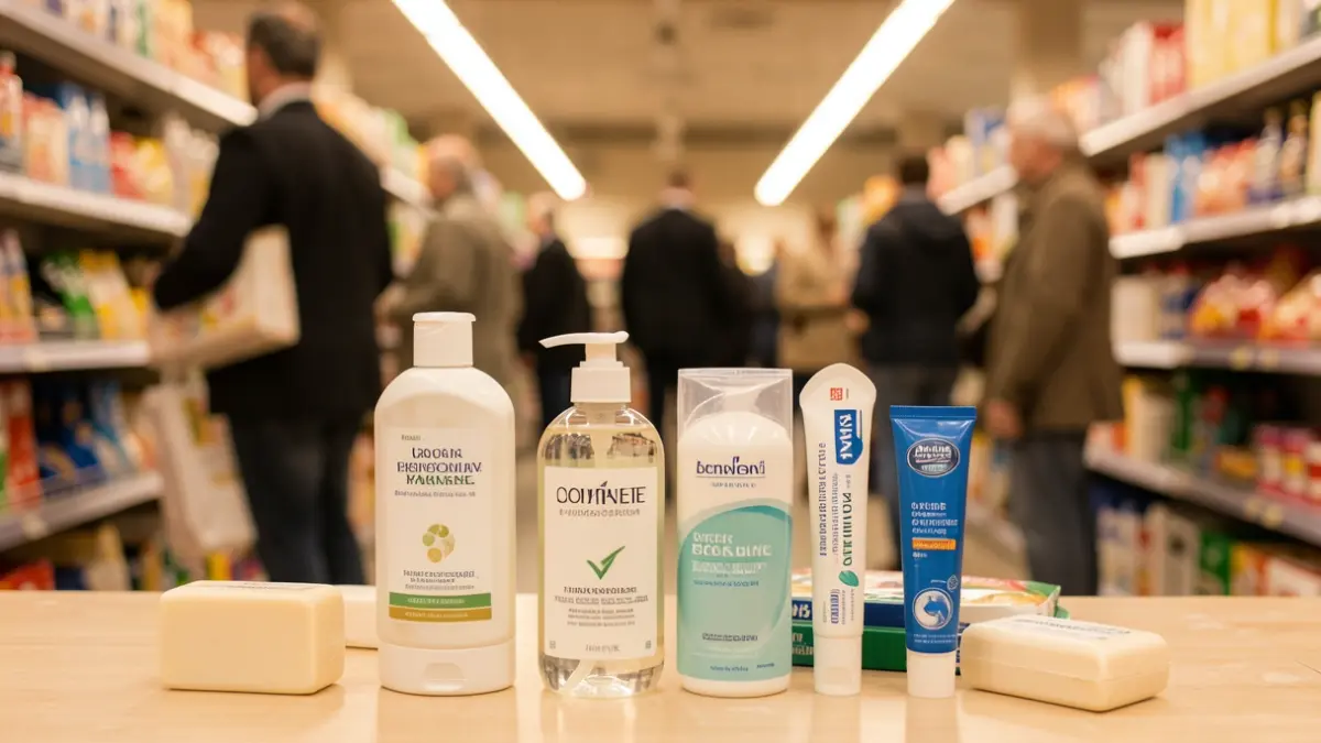 Generic image of personal hygiene products arranged on a table, with a blurred supermarket aisle in the background.