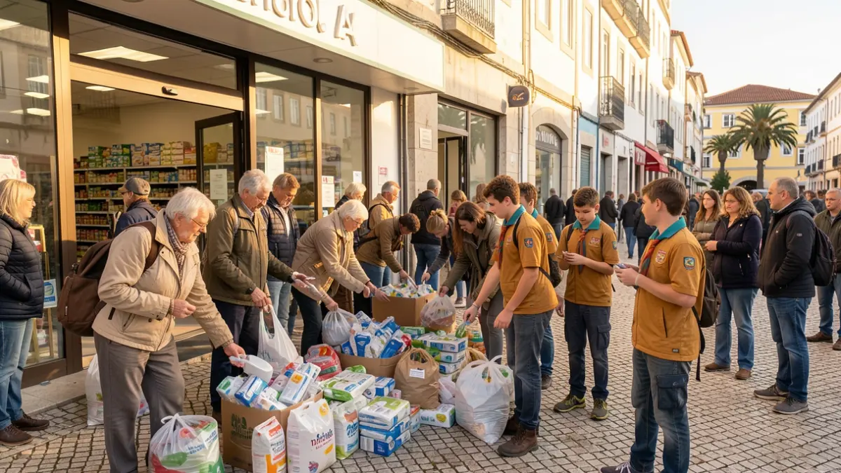 Imagem genérica de voluntários a recolher produtos de higiene em frente a um supermercado.