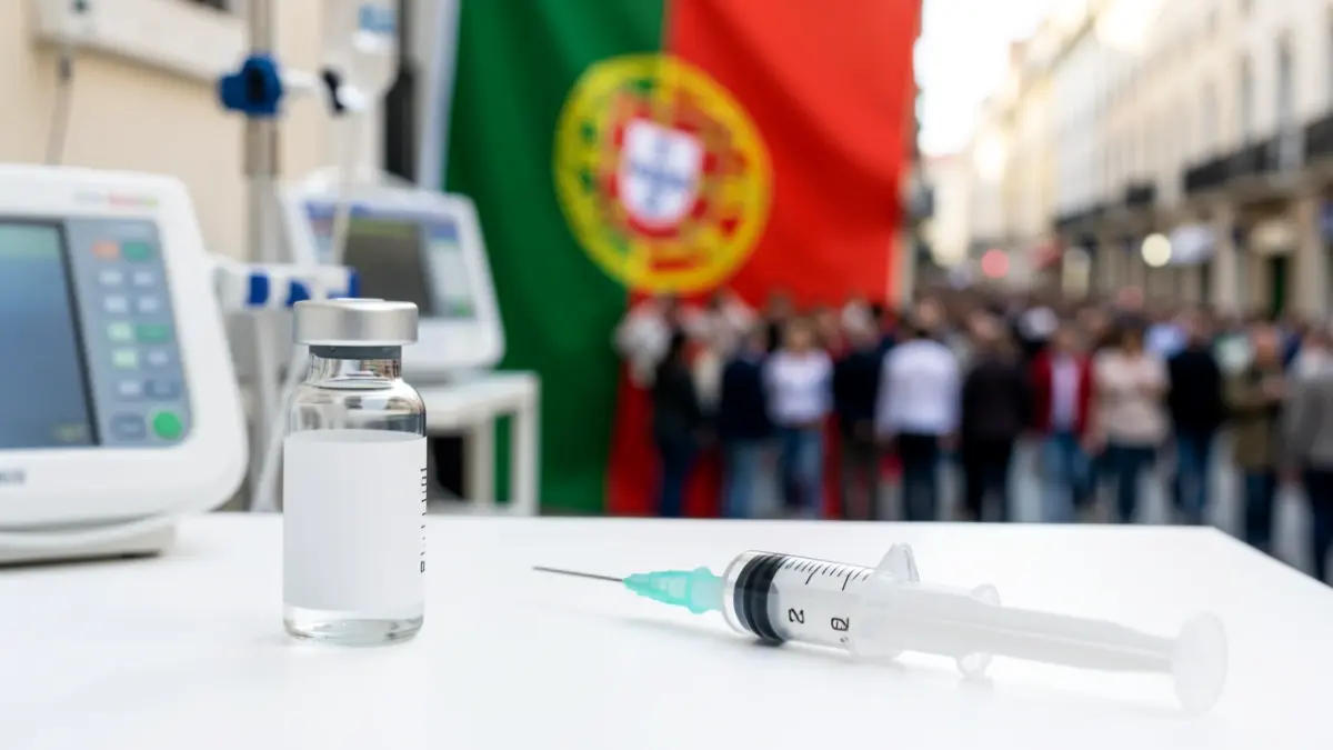 Imagem genérica de uma seringa e frasco de vacina com fundo desfocado de equipamento médico e bandeira portuguesa.