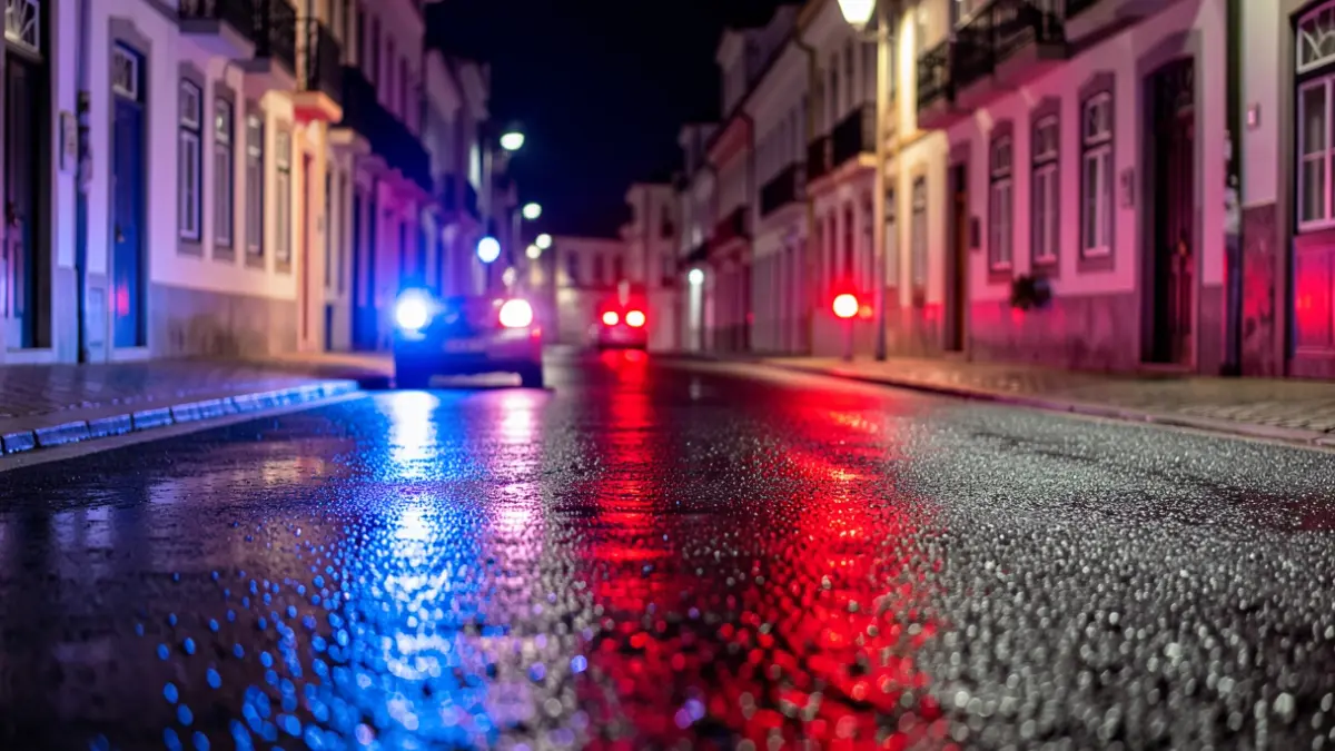 Generic image of blue and red emergency lights reflecting on wet asphalt at night, shallow depth of field.