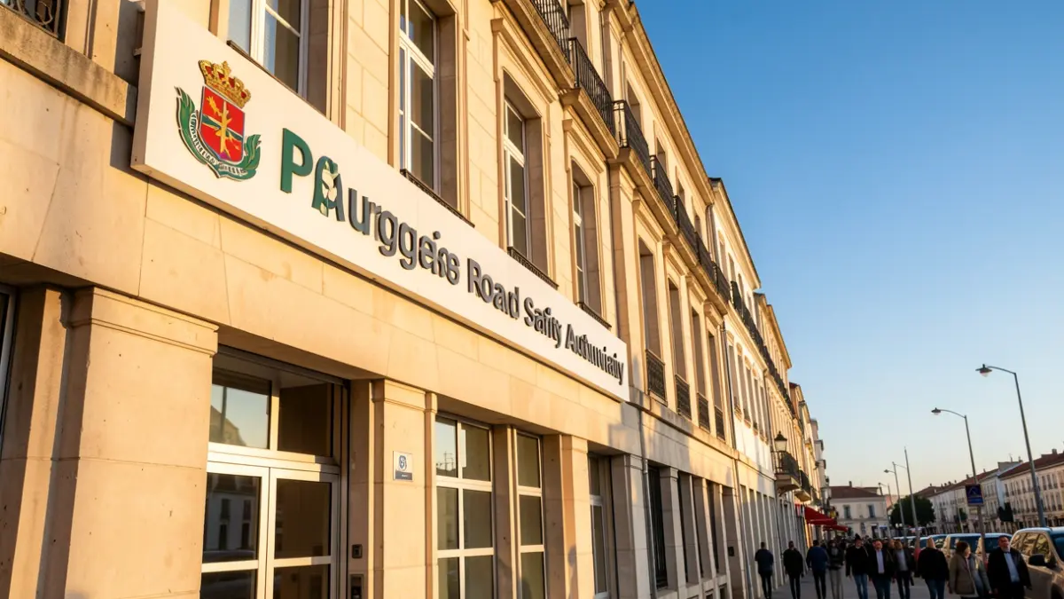Generic image of the facade of an official building in Portugal, with signage and sunlight.