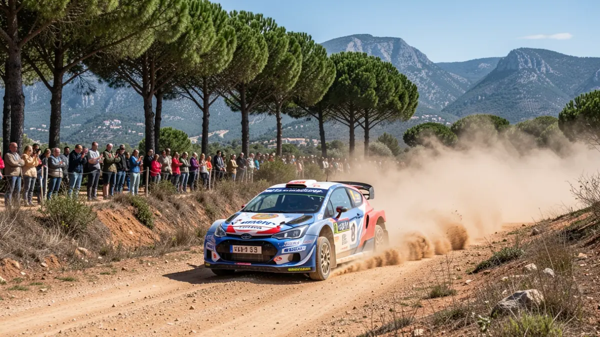 Imagen genérica de un coche de rally compitiendo en una carretera de tierra en Portugal, con paisaje montañoso al fondo.